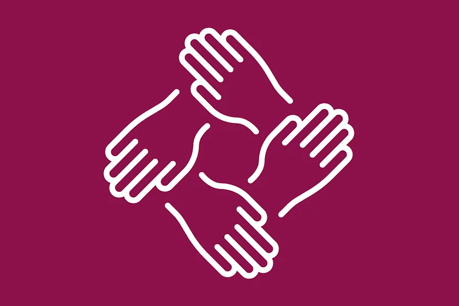 The FES icon symbolises solidarity, community and cohesion. Four hands are joined in a circle